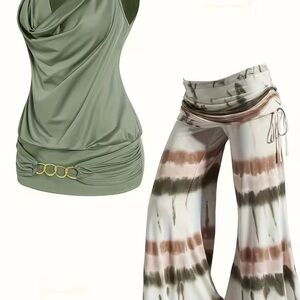 Stylish Green and Multicolor Women's 2 piece set Size L Like New